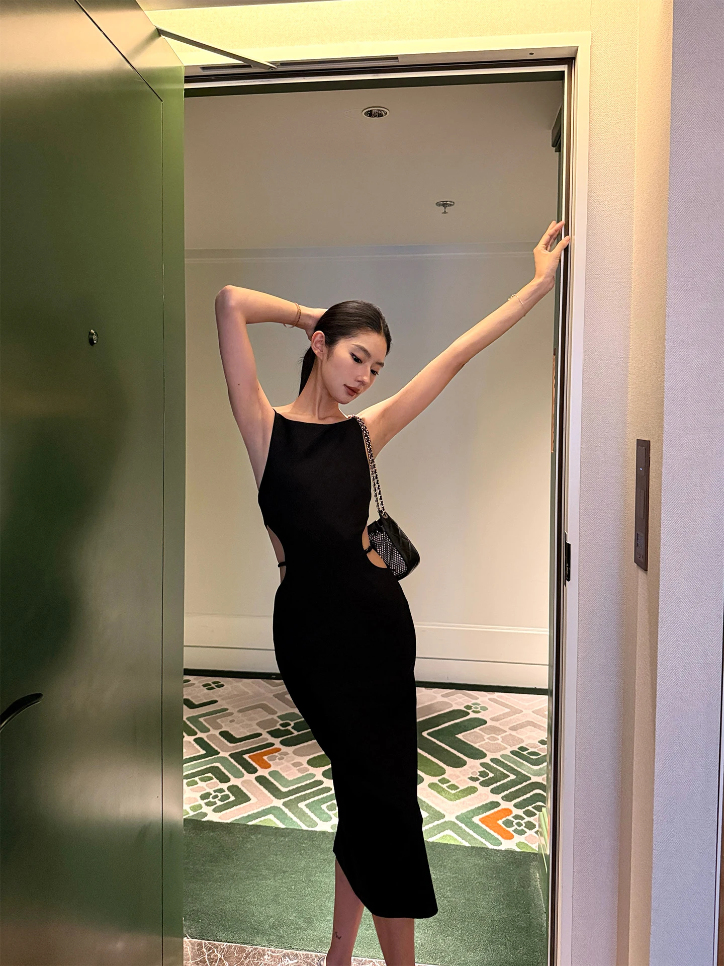 

Sexy Rosie Hollow out Knitted Slim Fit Waist Cinching Butt Skimming Dress High Elasticity Polyester And Spandex Blend round N...