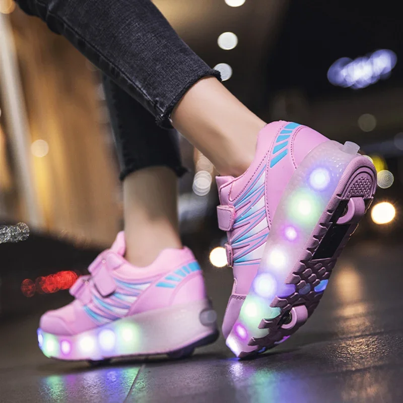 Skates Shoes 2 Wheels Flashing Roller Sneakers 2024 Fashion Sports Outdoor Casual Boys Girls Kids Children Light Pink Led Boots