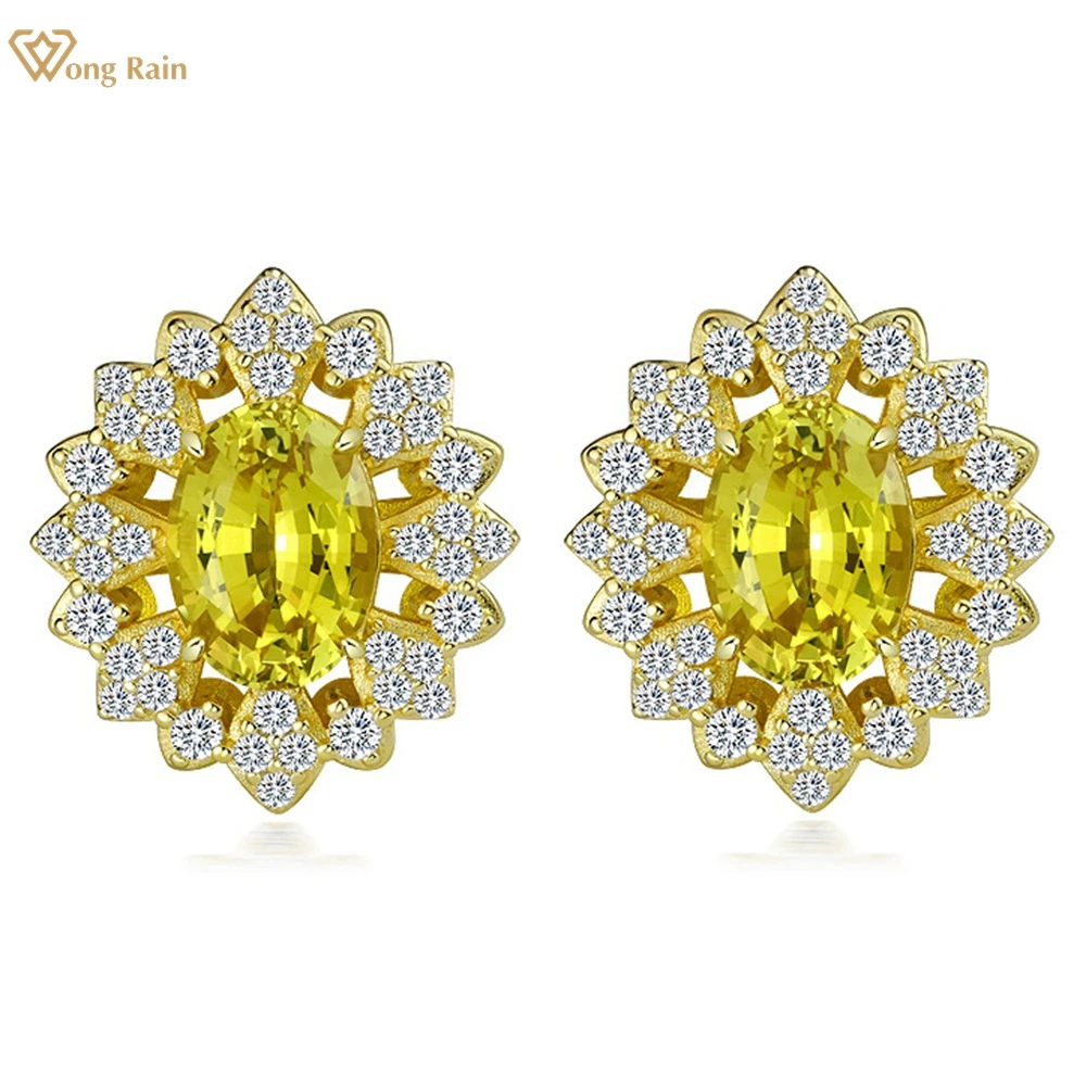 Wong Rain Vintage 18K Gold Plated 925 Sterling Silver 6*9 MM Oval Lab Sapphire High Carbon Diamond Gems Studs Earrings Jewelry