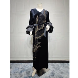 Sequin Velvet Winter Autumn Muslim Women Abaya Puff Sleeve Dress Turkey Dubai Arab Robe Eid Ramadan Party Islam Jalabiya Vestido