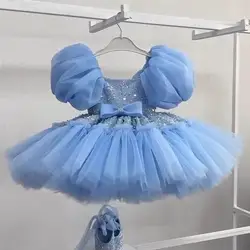 New Elegant Girls' Bubble Bubble Sleeve Sleeping Skirt Cute Foreign Sequins Christmas Dress 2-10 years old Carnival Performance