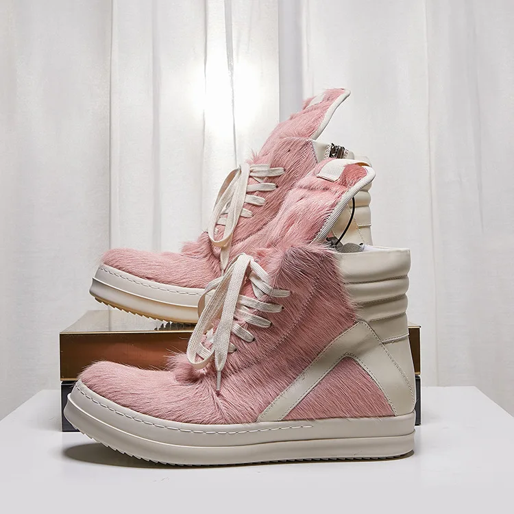 High Street Brand Pink Horsehair Sneaker Men Lace-up Thick Soled High Top Round Toe Women Shoes