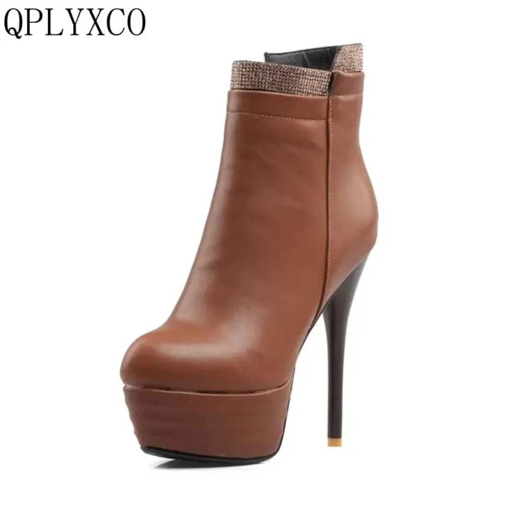 QPLYXCO 2017 New Sale Big Small Size 31-46 Ankle Short Boot Winter Sexy Women Round Toe High Heels(14cm) Wedding Party Shoes 559