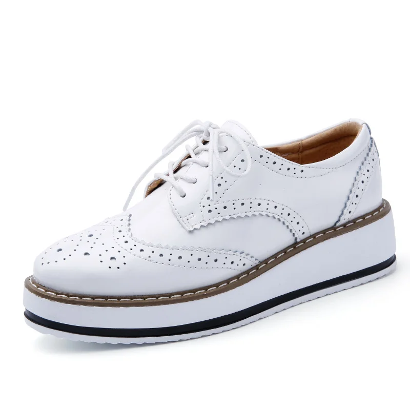 Spring Autumn Women Derby Platform Gold Flats Brogue Leather Lace Up Classic Bullock Footwear Female Oxford Shoes Lady