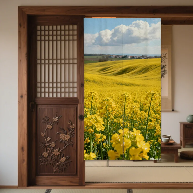 Yellow Floral Field Landscape Door Screen Polyester Curtain Panel Home Decor Print Fabric Window Entryway Privacy Curtain for Sp