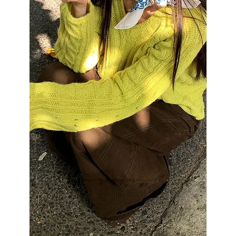 Y2K レディース ゴシック ブラウン ストリートウェア ハイウエスト レトロ ワイドレッグパンツ リベット付き カジュアルパンツ アメリカンファッション 原宿スタイル