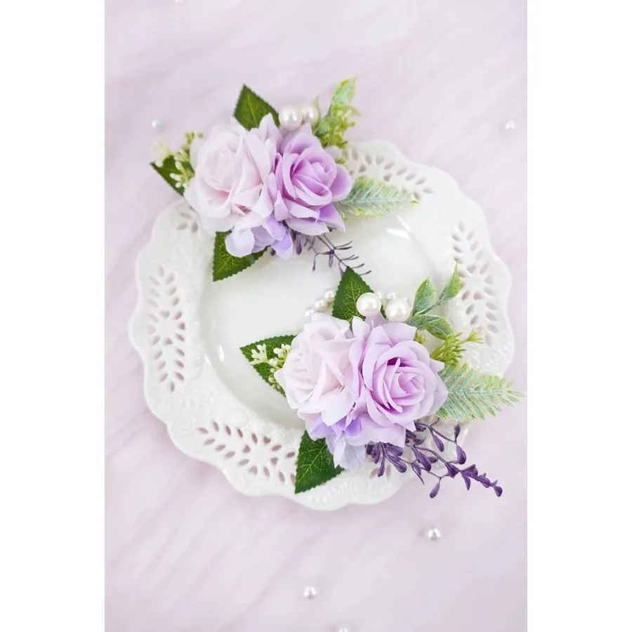 Conjunto de corpete roxo e boutonniere para baile de casamento, flor artificial de rosa, pulseiras de pulso, pulseira de corpete de baile