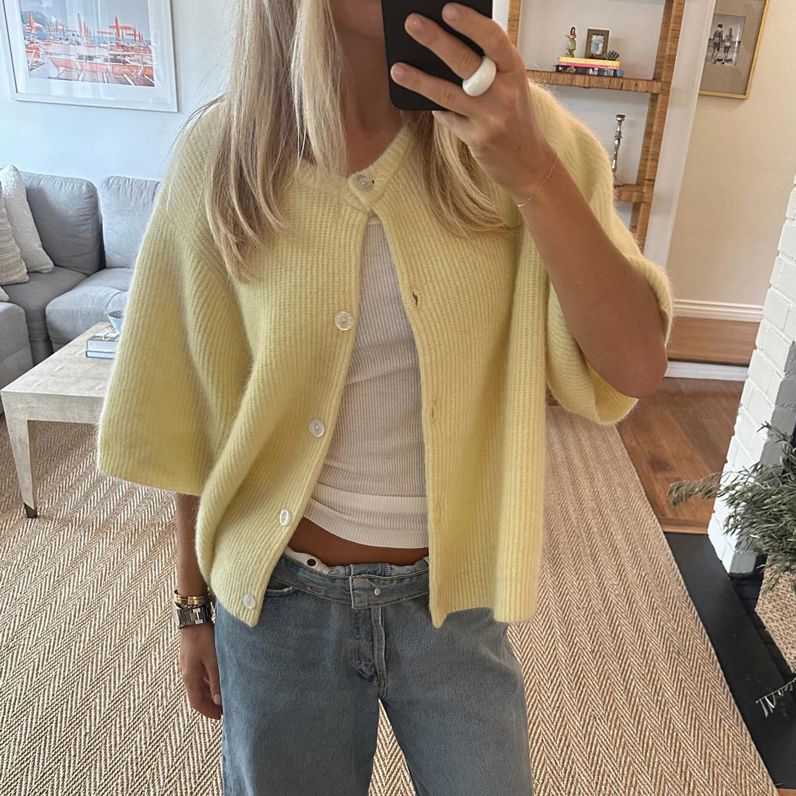 Women Knitted Crop Cardigan Jackets Short Sleeve Button Ribbed Knitted Crop Top Y2k Clothes Girls Outwear Tops Streetwear