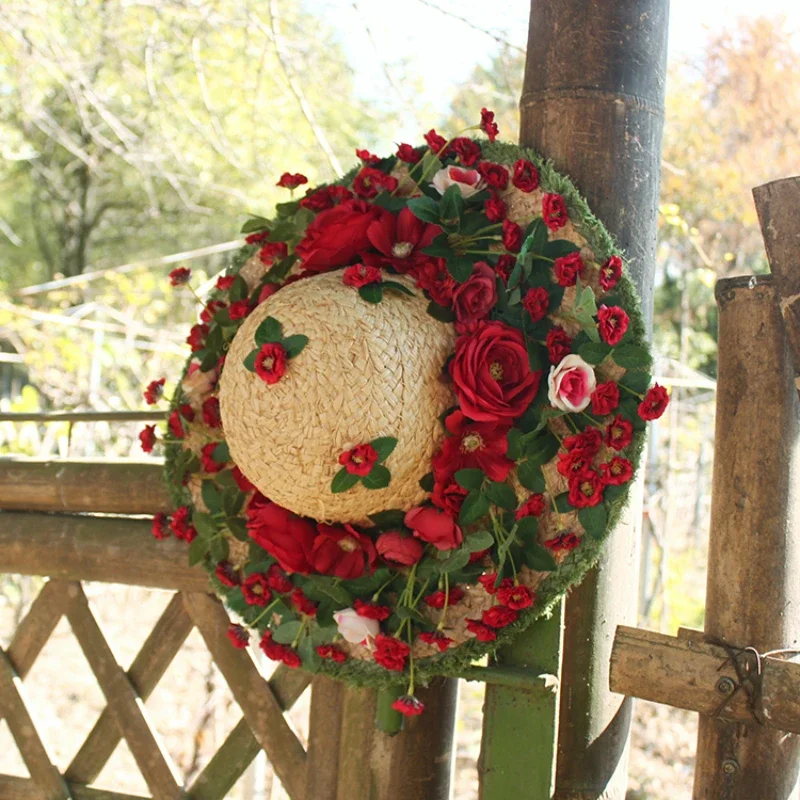 

Vintage rose handmade flowers mori woman large garland raffia hat degree