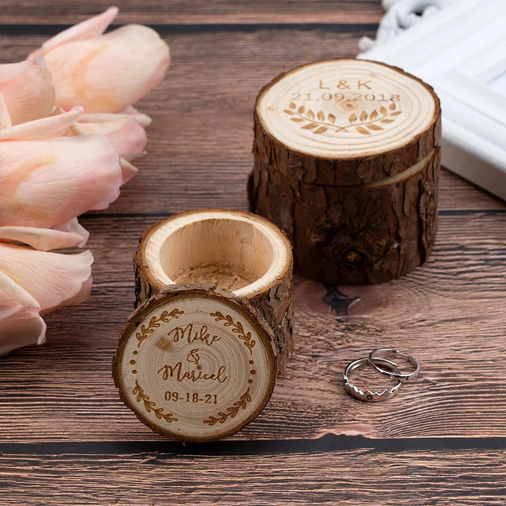 Personalized Wooden Wedding Ring Box Custom Engagement Ring Holder for Double Rings Proposal Ceremony Rustic Decoration Ring Box