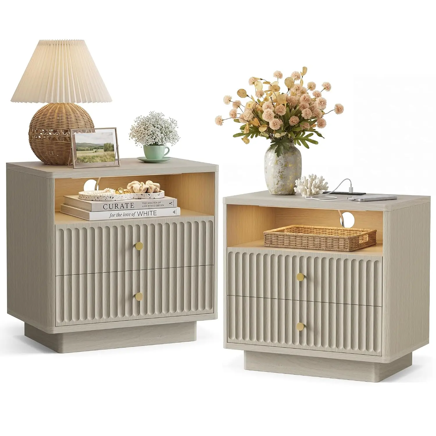 23'' Fluted Nightstand Set of 2 with Charging Station & LED Light, 2-Drawer Bedside Cabinet for Bedroom & Office
