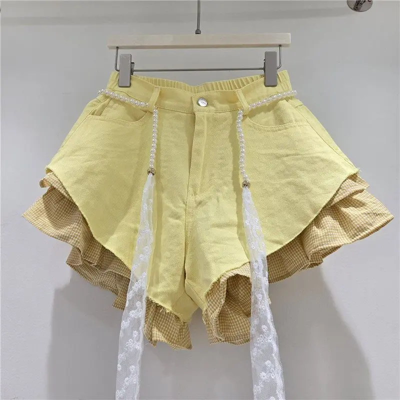 2026 Summer New Candy-colored Denim Plaid Shorts for Women High-waisted Loose Design with A Belt Booty Shorts