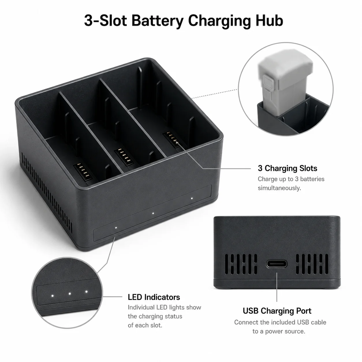 Intelligent 30W USB-C Fast Charging Hub for DJI Mini 3/4 Pro Batteries LED Indicator