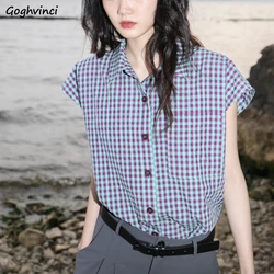 Vintage Shirts Women Plaid Flying Sleeve Loose Tops Korean Fashion Summer Chic Harajuku Cotton Breathable Temperament Stylish