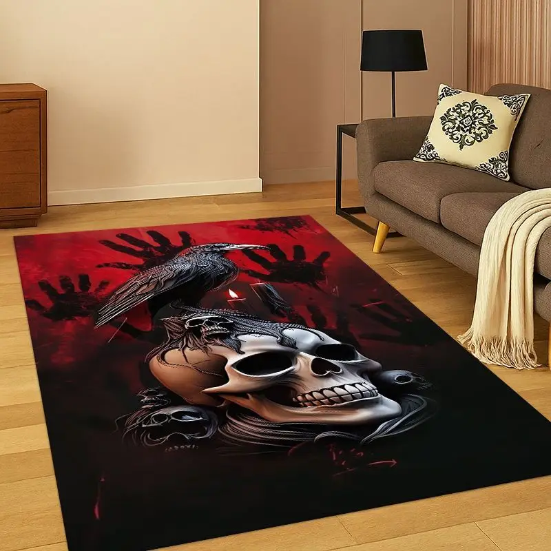 Gothic Raven Crow Skull Cartoon Carpet Rug for Bedroom Living Room Sofa Playroom Doormat Home Decor,Kid Game Area Rug Non-slip