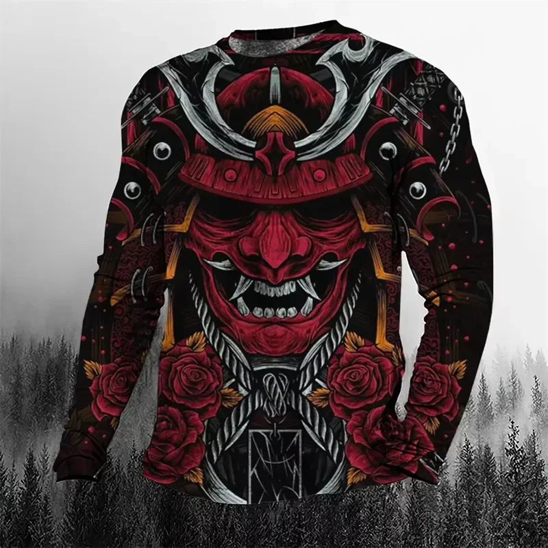 3D Long Sleeve 2026 Fall Cool Vintage Samurai 3D Printed Men T Shirt O Neck Casual Oversized Cartoon Tops Streetwear Fashion
