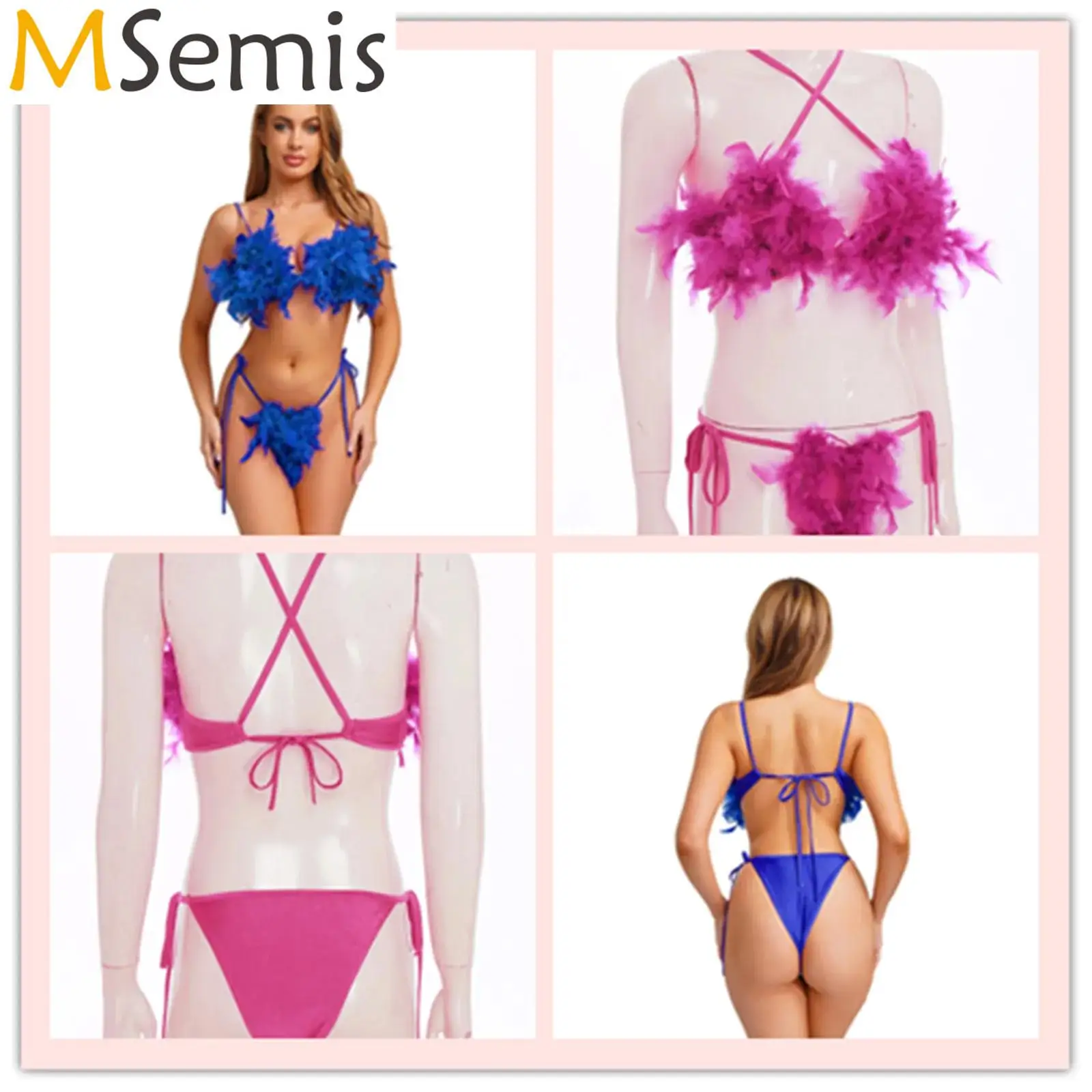 

Womens Sexy Bikini Swimsuit Set Two Pieces Feather Swimwear Front Crossing Removable Cups Bra Tops And Side Tie Briefs Beachwear