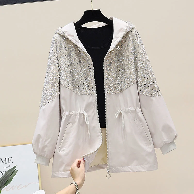 2023 New Autumn Women Jacket Long Sleeve Hooded Female Windbreaker Heavy Industry Sequins Jackets Loose Black Overcoat Outwear