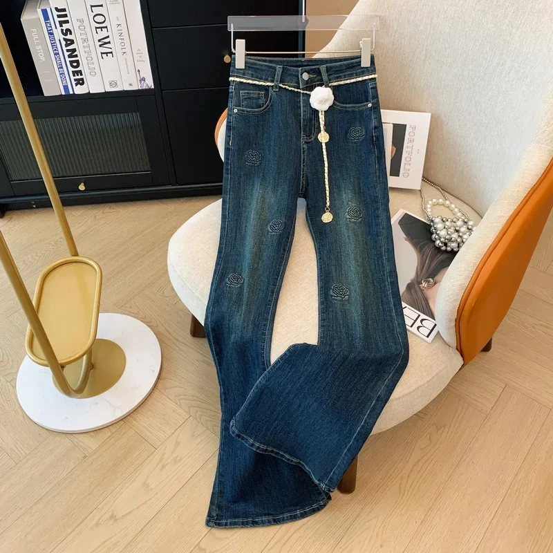 

Vintage Rose Floral Flare Jeans Women's 2024 Autumn Korean Elegant Slim Denim Pants Y2K Washed Casual Street High Waist Trousers