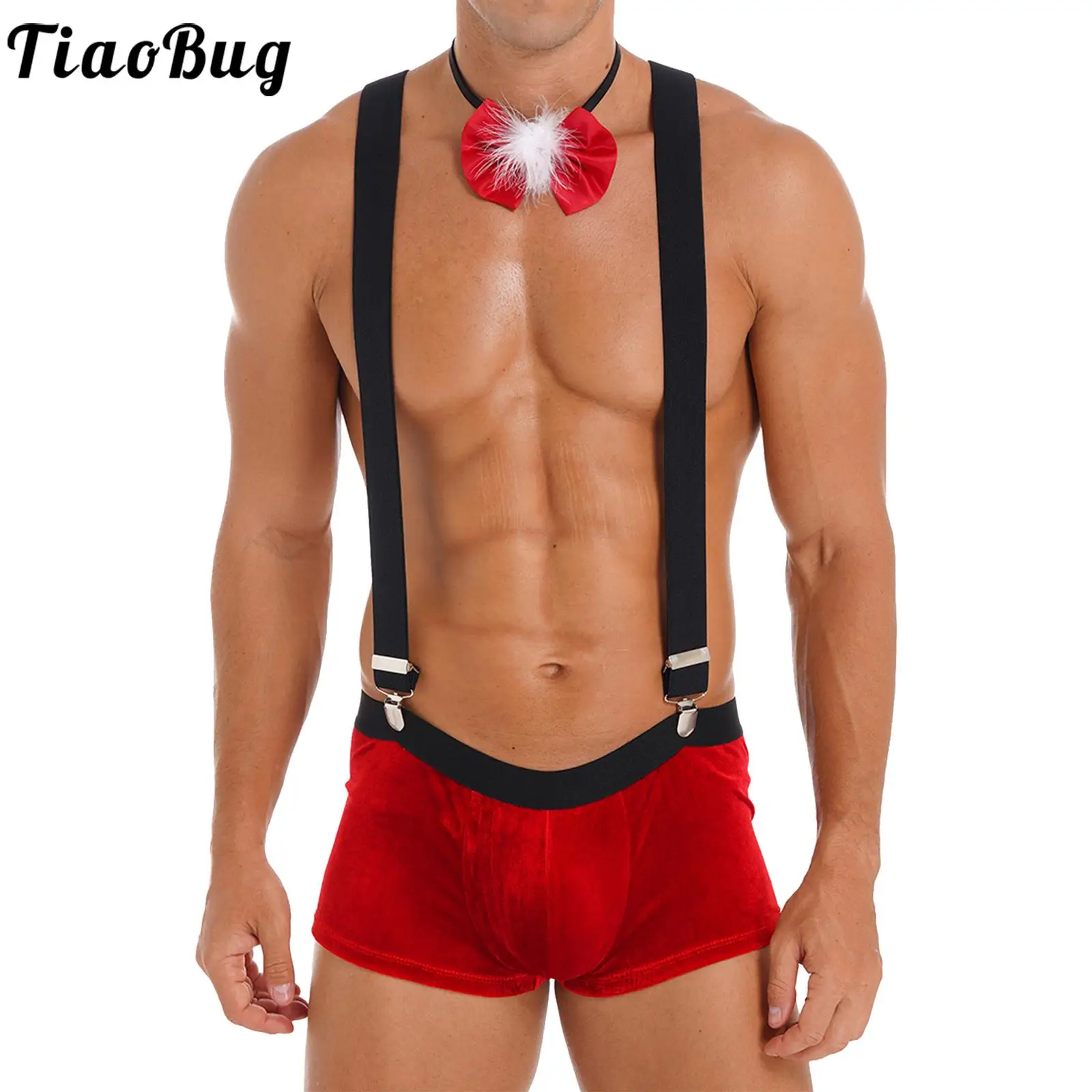 

Mens Velvet Christmas Elf Costumes Underwear Boxer Briefs Bulge Pouch Shorts with Suspenders Holiday Cosplay Lingerie Nightclub