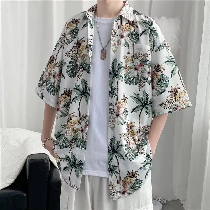 Summer New Turn-down Collar Fashion Short Sleeve Shirt Man High Street Casual Loose Button Cardigan Y2K Printing All-match Tops