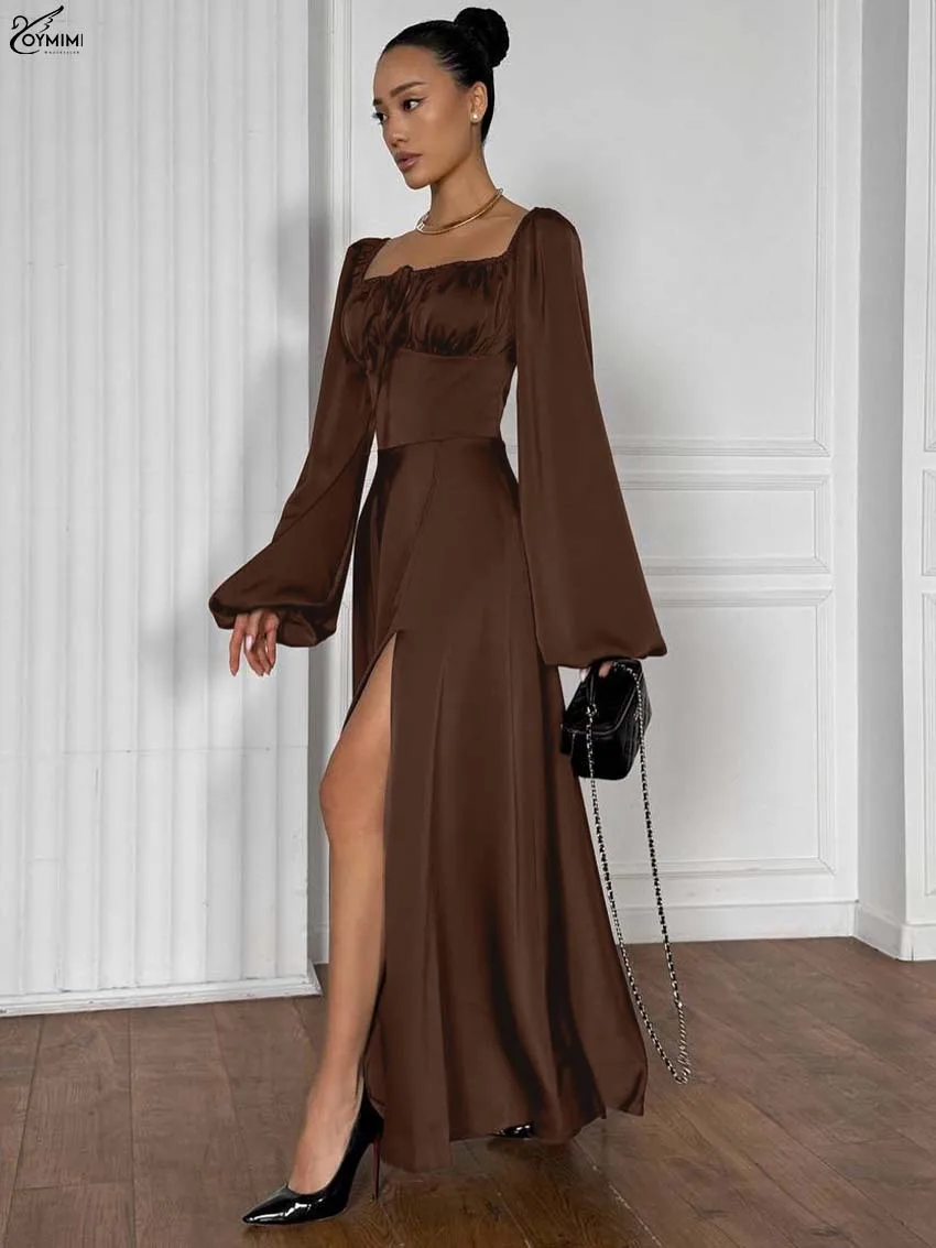 Oymimi Fashion Zielone Satynowe Sukienki 2025 Kobieta Elegancka Kwadratowy Dekolt Długi Rękaw Sznurowana Sukienka Codzienna Rozcięcie Boczne Sukienka Do Ziemi