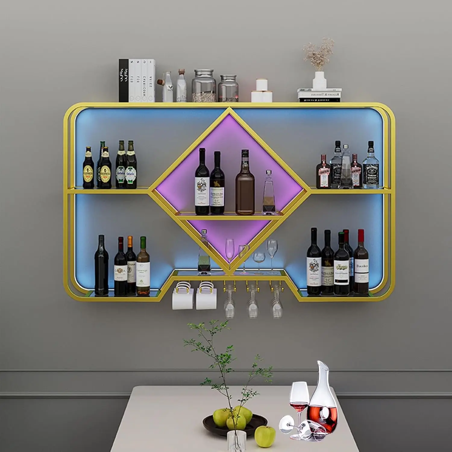 Metal Wine Rack Bar Shelves Wall Mounted Mini Bar With Wine Glass Rack Holder Liquor Cabinet Bottle Display Shelf Floating Bar