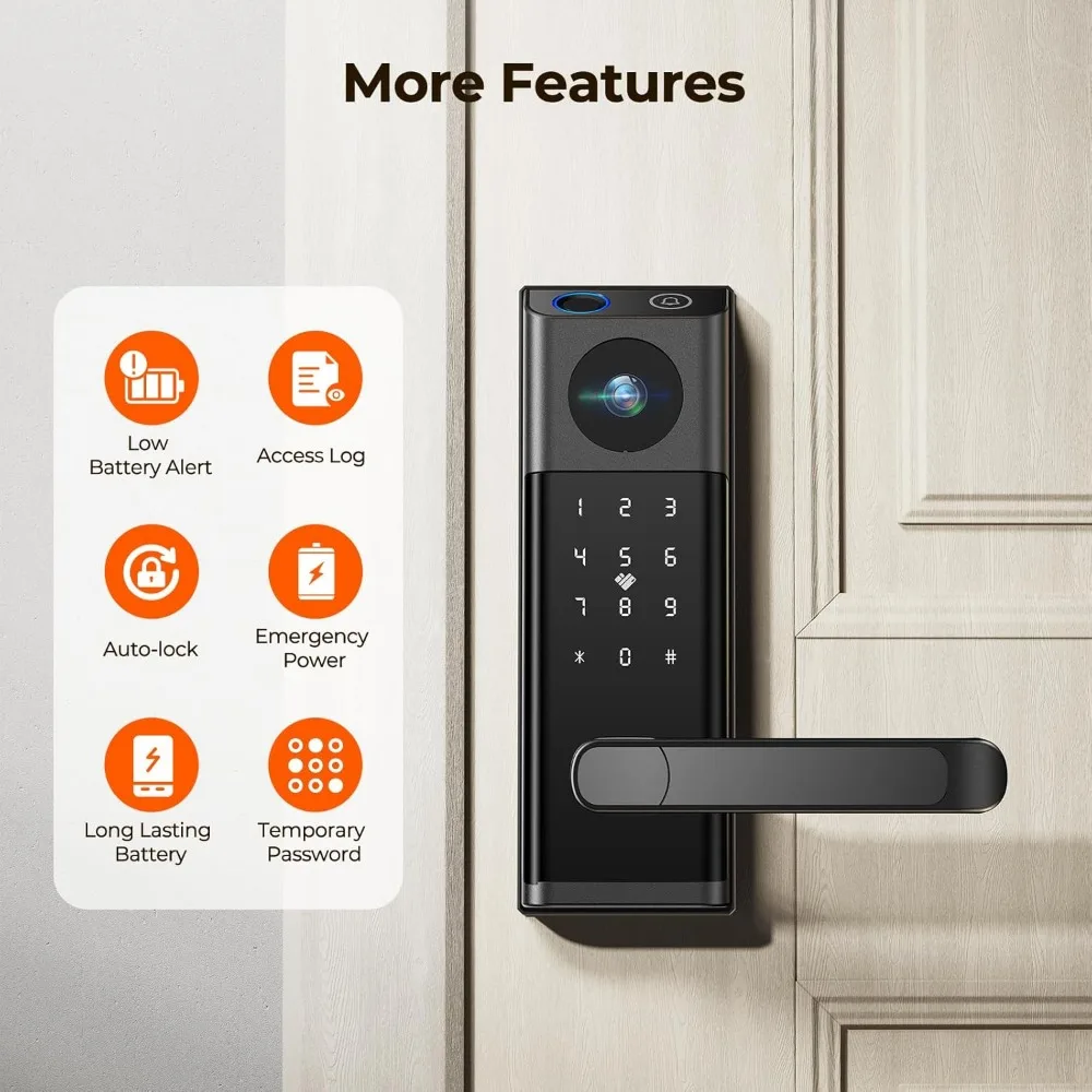 Cerradura inteligente con vídeo con cámara y timbre, cerradura de puerta de entrada sin llave 5 en 1 con manija, huella digital + código de teclado + Control de aplicación remota +