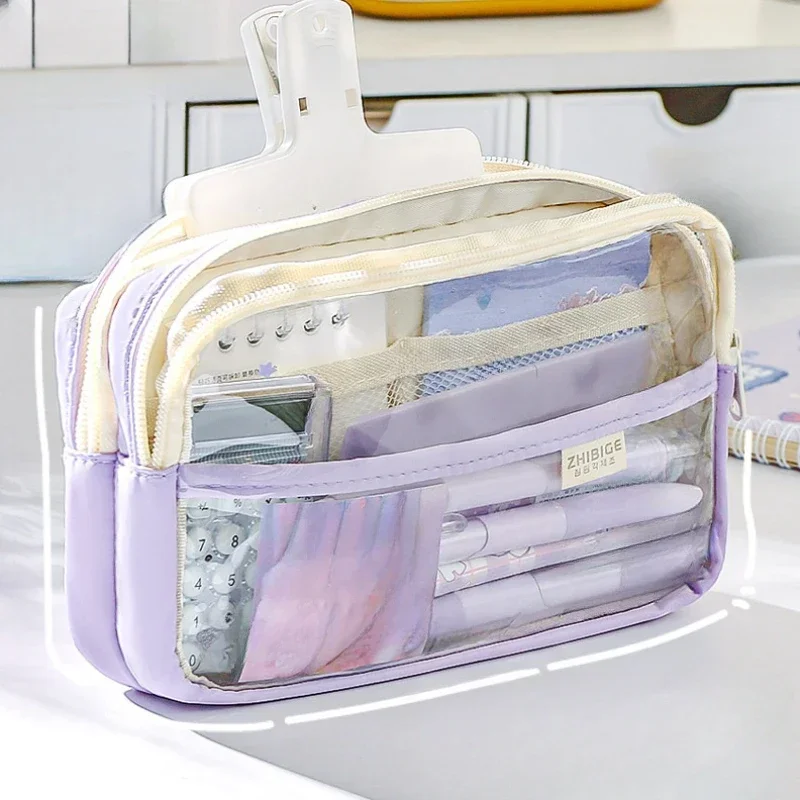 Imagem -03 - Grande Capacidade Transparente Pencil Bolsa Candy Color Pen Case Zipper Pouch Grande Titular Papelaria Material Escolar Roxo