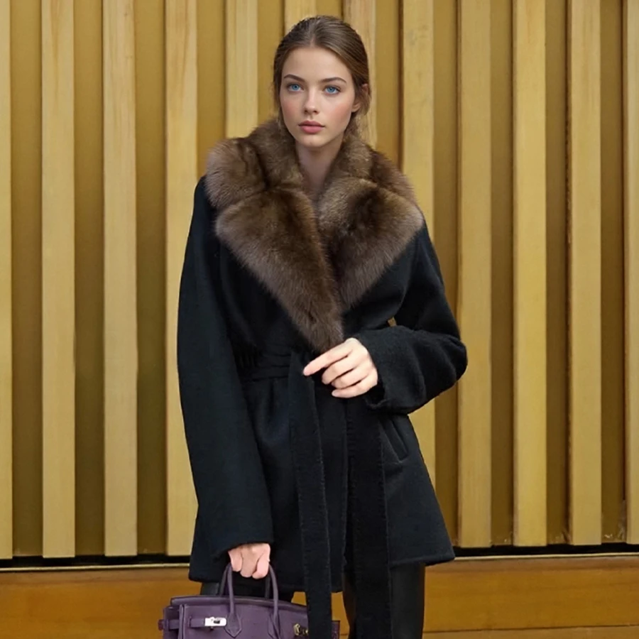معطف قصير من صوف الكشمير الأسود مع ياقة فرو الثعلب سترة شتوية نسائية معطف فرو الثعلب الطبيعي سترة مزيج الصوف الأكثر مبيعًا