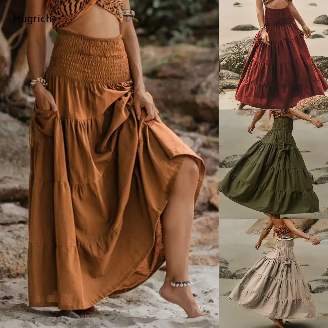 Burnt Tiered Maxi Skirt with Smocked Waist Paired Bohemian Style Set for Beach and Festival Wear
