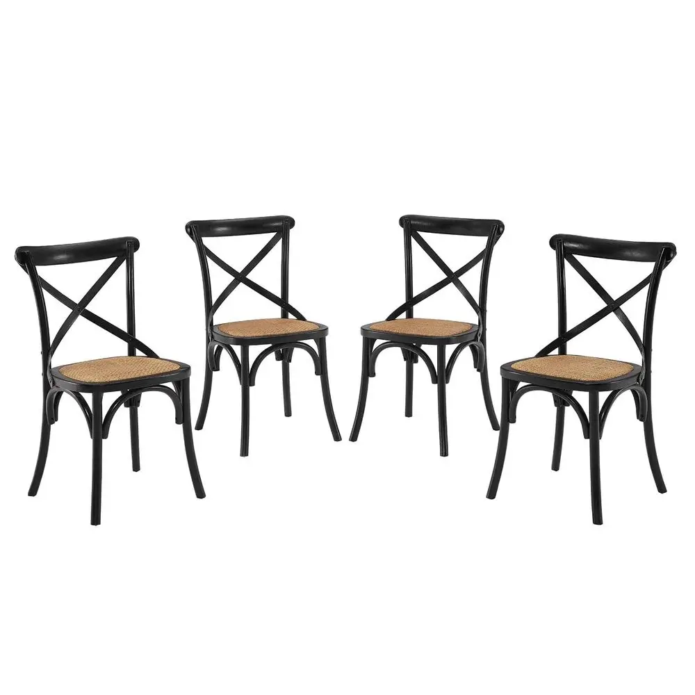 

Gear Rustic Modern Farmhouse Elm Wood Rattan Four Dining Chairs in Black