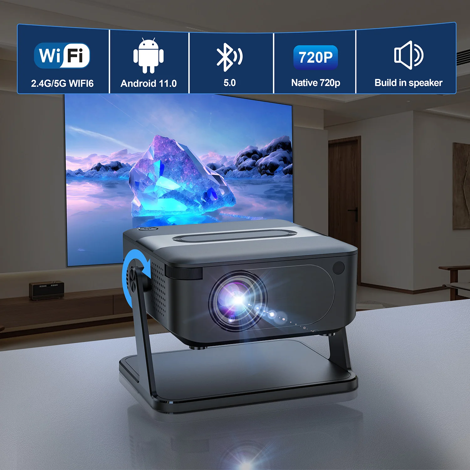 Умный проектор Yinzam HA109 Native 1280 × 720P Android 11 Dual WIFI5 BT5 Светодиодный уличный проектор 180 ° Проекторы с вращающимся лучом