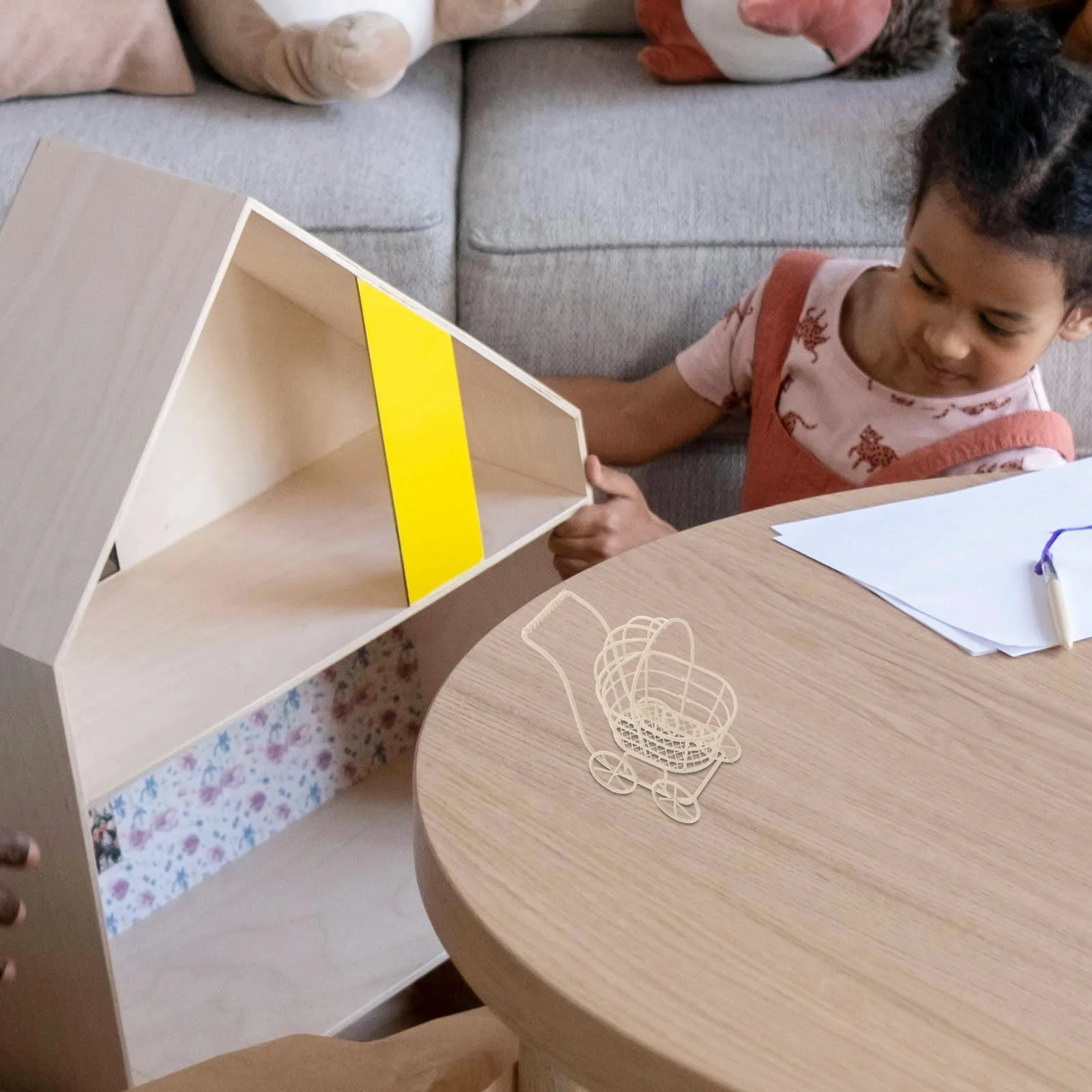 لعبة عربة الأطفال مكونة من 3 قطع: تصميم فني حديدي لملحقات بيت الدمى، مجموعة عربة منزل اللعب ديكور غرفة المعيشة المصغر، #3