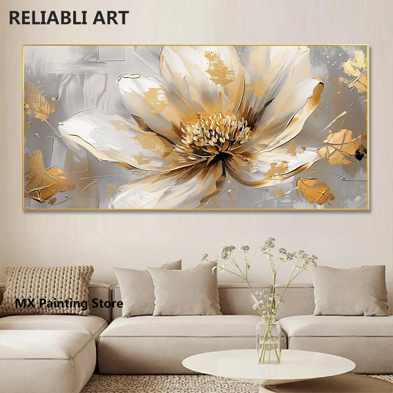 

Abstract Golden Leaf Flower Painting on Canvas, Wall Poster Prints, Decorative Pictur, Home Decor, Unframed