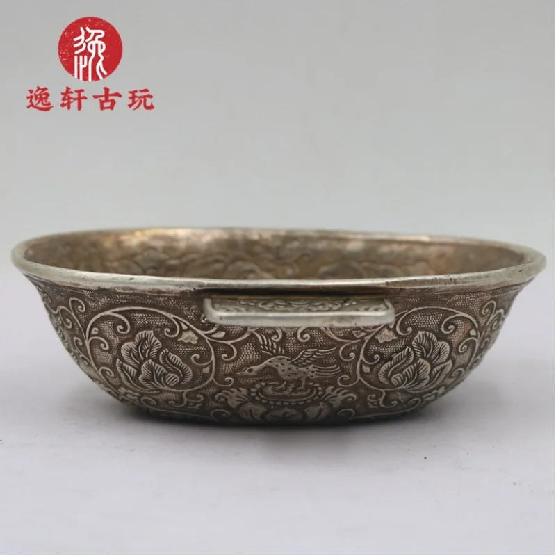 Antique Bronzeware: Tang Dynasty Style Golden Feather , Silver-Plated Bronze Wine Cup, Vintage Engraved Pure Copper Collectib