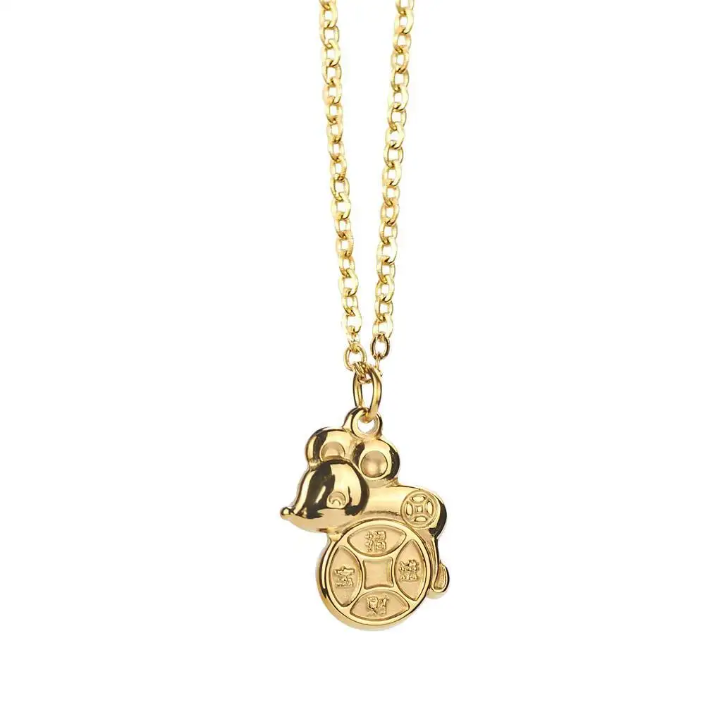 Stainless Steel Fashion Mouse Necklace For Women Good Luck Rat Ingot Pendant Gold Plated Necklace