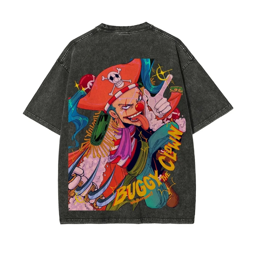 Vintage Washed ONE PIECE Buggy The Clown T-Shirt Old Loose Animation Print Street Style Kurzarm Sommer Herren Damen Tops