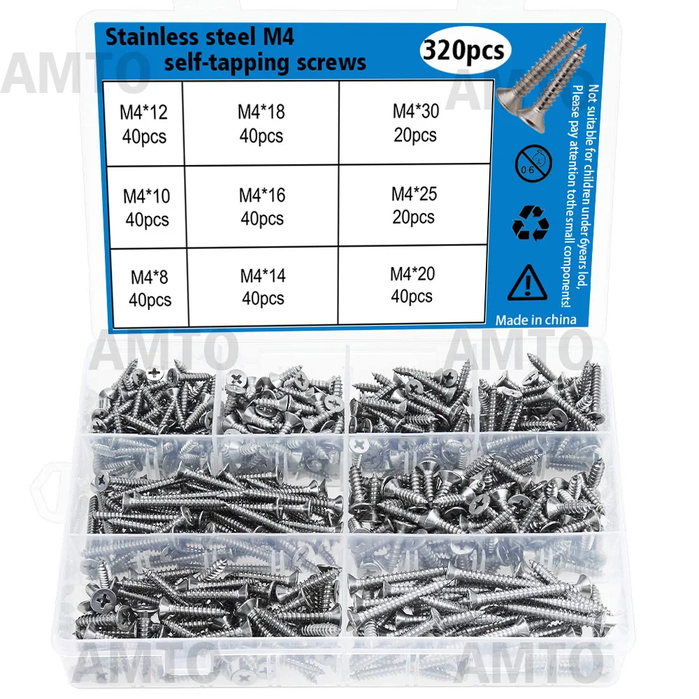 M4 Stainless Steel Self-Tapping Screws, 320 Pieces, 8mm, 10mm, 12mm, 14mm, 16mm, 18mm, 20mm, 25mm, 30mm