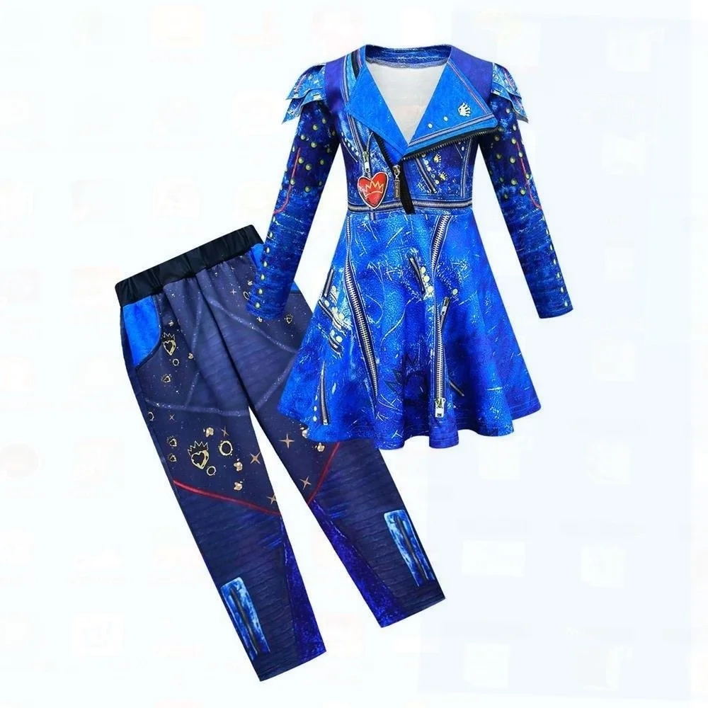 Halloween Descendants Cosplay-Kostüm-Set mit Perücke für Kinder, vierteiliger Anzug, chinesischer Hersteller 2024, Herbstveröffentlichung