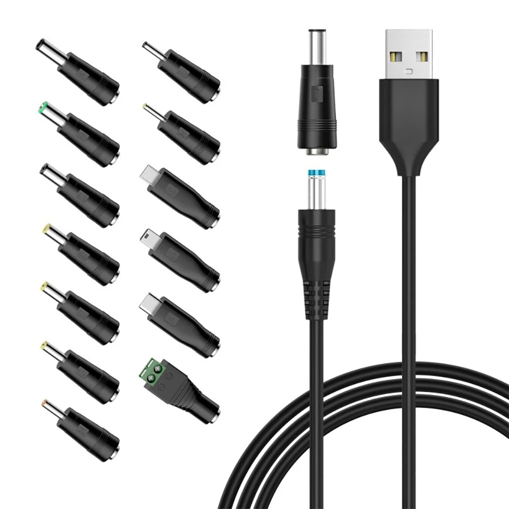 Universal USB Cable with 5.5x2.5mm DC Jack and 13 Extra DC Plug Adapters, 1.5m/5ft Charging Power Cord for 5V Electric Devices