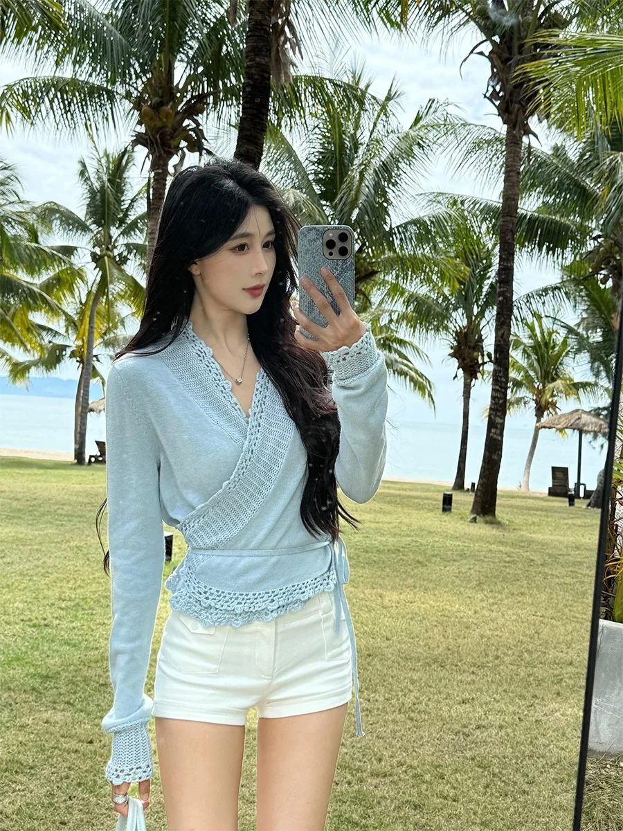 

Трикотаж V-Ne с застежкой на талии и крючком на пуговицах и цветочным узором для женщин, свободный крой, длинный свек, весенний сезон