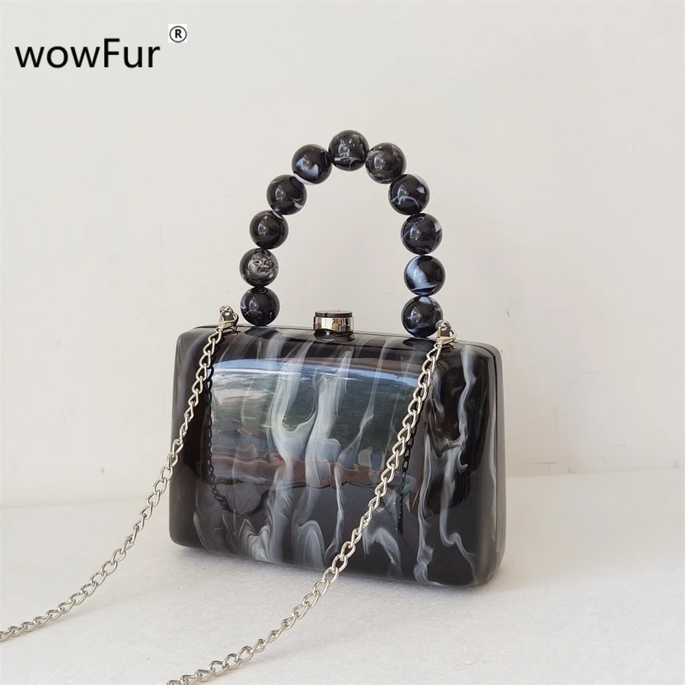 Women Marble Pearl Lack Mix Color Acrylic Box Clutches Wedding Party Evening Bags Bridal Clutch Lady Beaded Handle Purses Gift