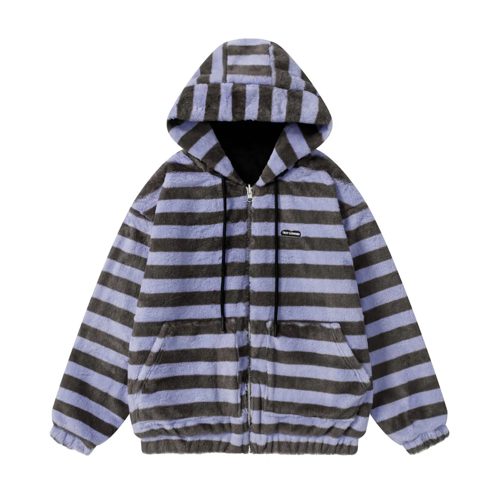 Men's Reversible Hooded Cotton-Padded Jacket European American Style Autumn Winter Fleece Lined Striped Cotton Padded Coat
