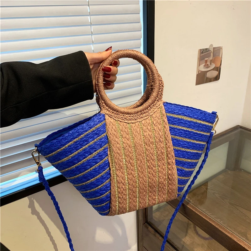 Straw Braid Color Matching Large Capacity Hand Bags Fashion Casual Versatile Shoulder Bags for Women 2024 Designer Style Tote