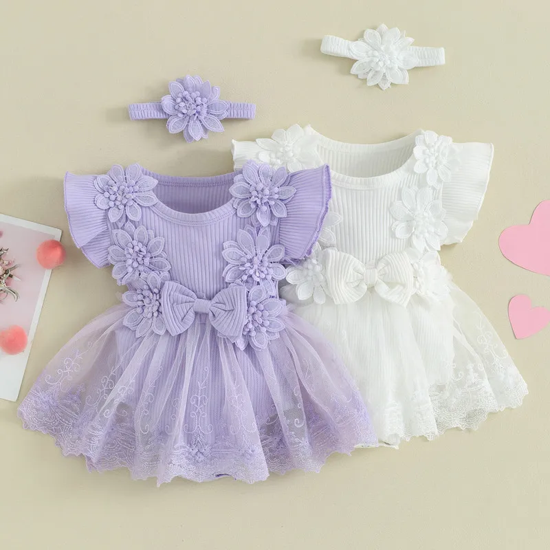 Newborn Baby Girl Bodysuit 2 Piece Outfits Mesh Lace Patchwork Ruffle Bodysuit Dress and Headband Cute Fashion Baby Clothing