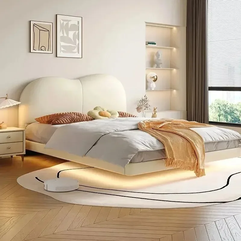 French cream wind cloud suspension bed leather bed, modern simple double master bedroom soft bag suspension bed