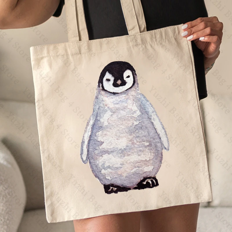 Watercolour Penguin Canvas Tote Bag Simple Printing Shoulder Bag Versatile Handbag for Work & School Large Capacity Shopping Bag