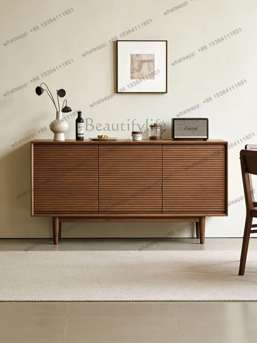 North American black walnut three-door side cabinet, solid wood minimalist storage cabinet