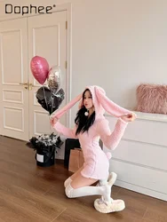 Pink Rabbit Hooded Fluffy Jumpsuits Sweet Zipper Long Sleeve Solid Color Rompers Flannel Onesie Shorts Pajamas Loungewear